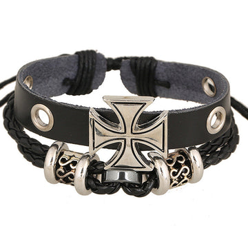 ALLOY BEADED CROSS LEATHER BRACELET
