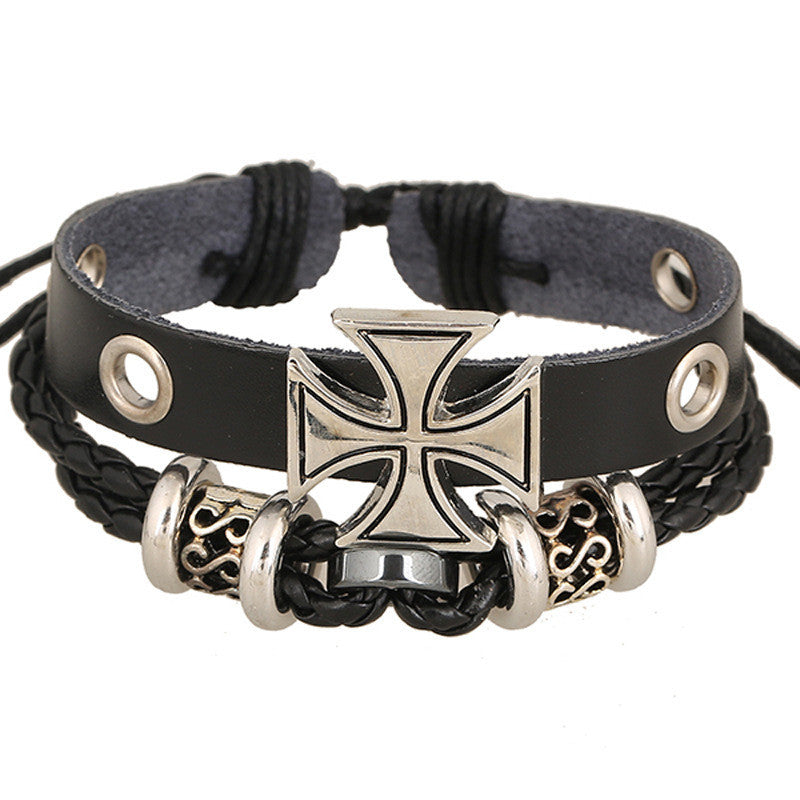 ALLOY BEADED CROSS LEATHER BRACELET
