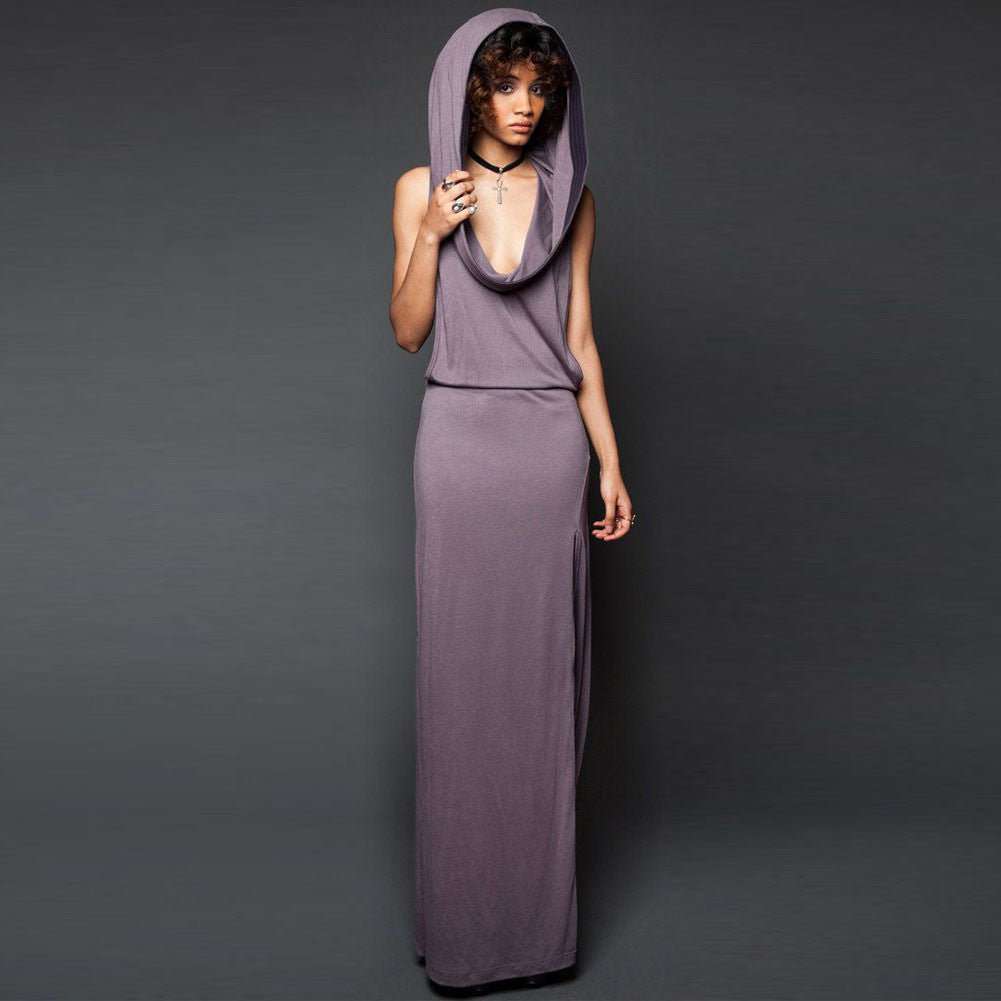 SLEEVELESS O-NECK OPEN BACK LONG HOODED DRESS