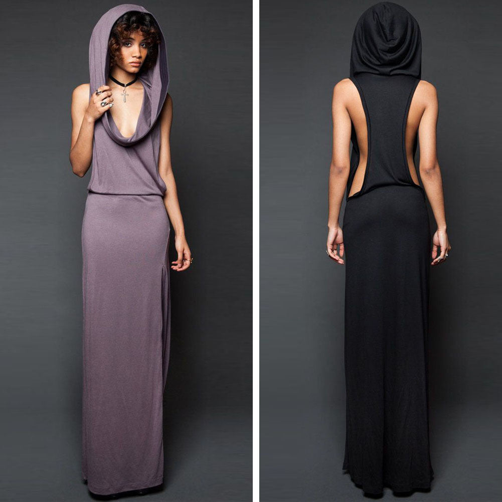 SLEEVELESS O-NECK OPEN BACK LONG HOODED DRESS