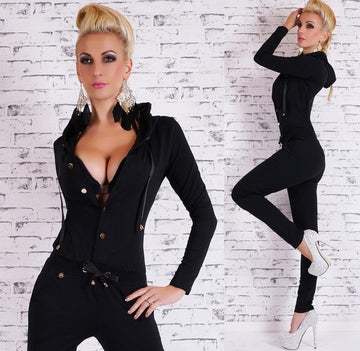 SPORTS STYLE HOODIE PURE COLOR DRAW STRING LONG JUMPSUIT