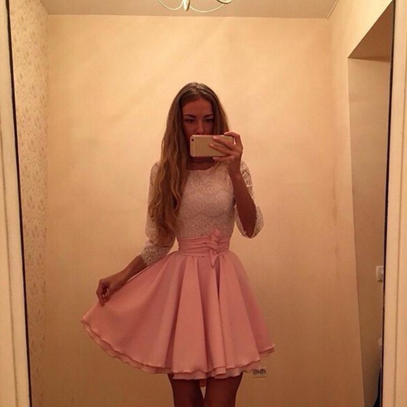 SCOOP LONG SLEEVES LACE PATCHWORK FLARED PLEATED SHORT DRESS