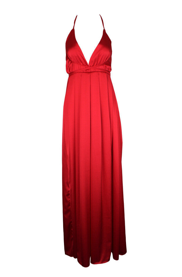 SPAGHETTI V-NECK BACKLESS SOLID COLOR LONG DRESS