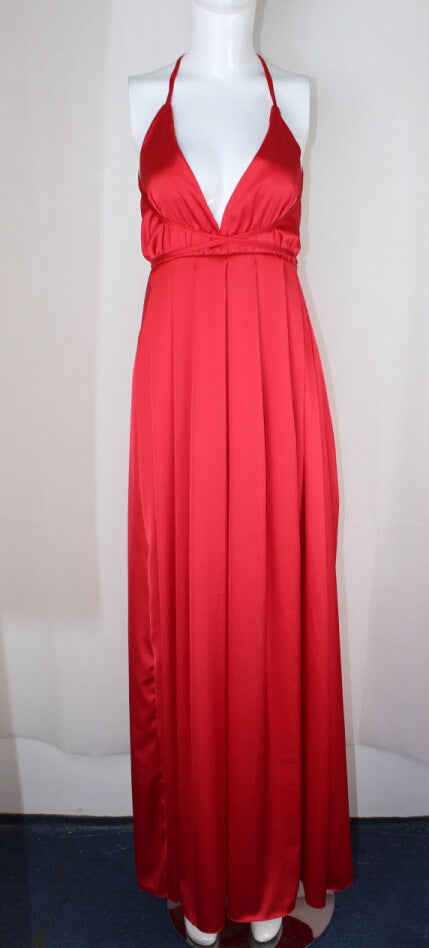 SPAGHETTI V-NECK BACKLESS SOLID COLOR LONG DRESS