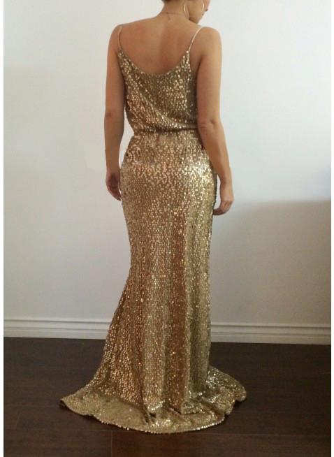SPAGHETTI STRAP SEQUINS SLEEVELESS PURE COLOR LONG PARTY DRESS