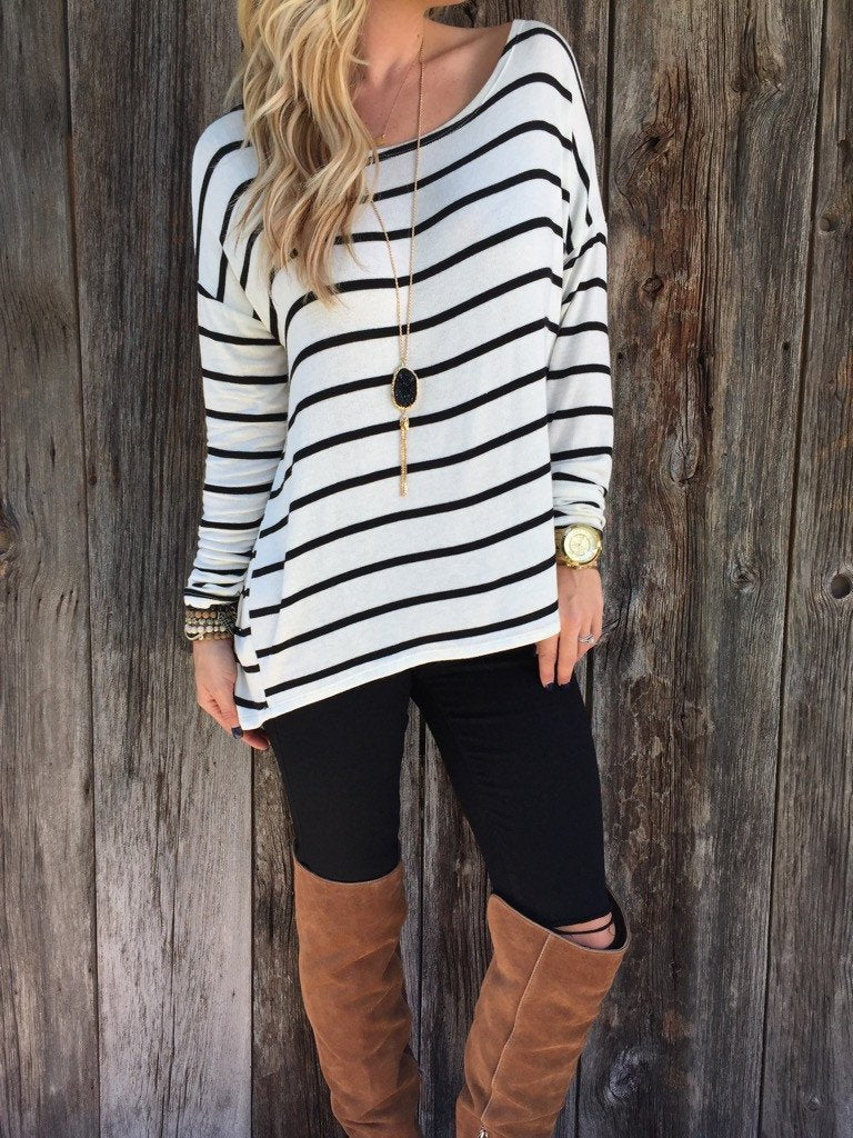 STRIPED LONG SLEEVES SCOOP CASUAL LONG BLOUSE