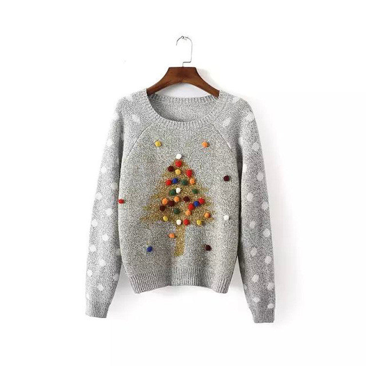 PULLOVER CHRISTMAS TREE PRINT SCOOP LONG SLEEVE SWEATER