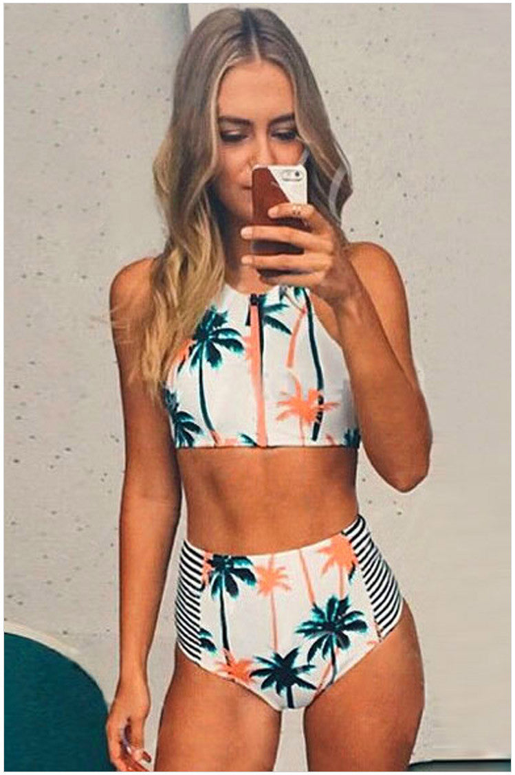 High Waist Flower Print Zipper Bikini Set Swimwear - Meet Yours Fashion - 2