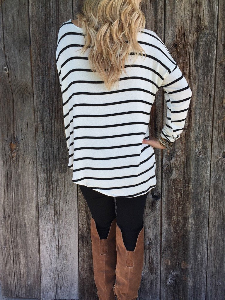 STRIPED LONG SLEEVES SCOOP CASUAL LONG BLOUSE