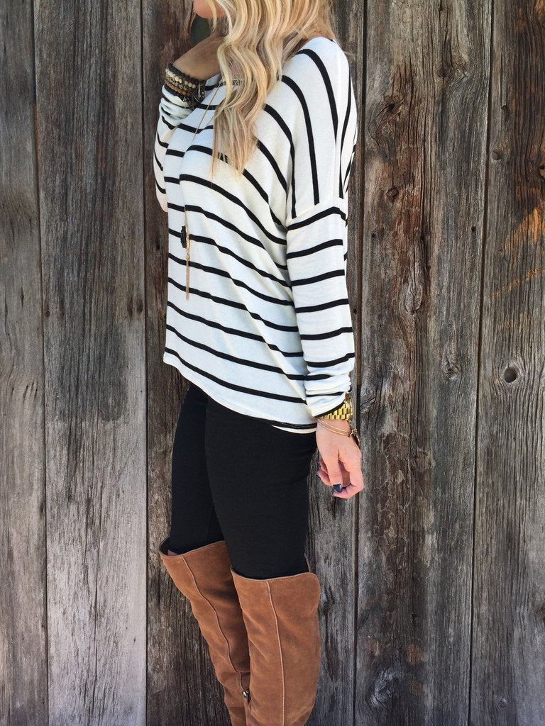 STRIPED LONG SLEEVES SCOOP CASUAL LONG BLOUSE