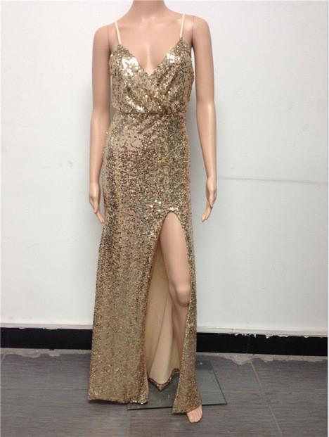 SPAGHETTI STRAP SEQUINS SLEEVELESS PURE COLOR LONG PARTY DRESS