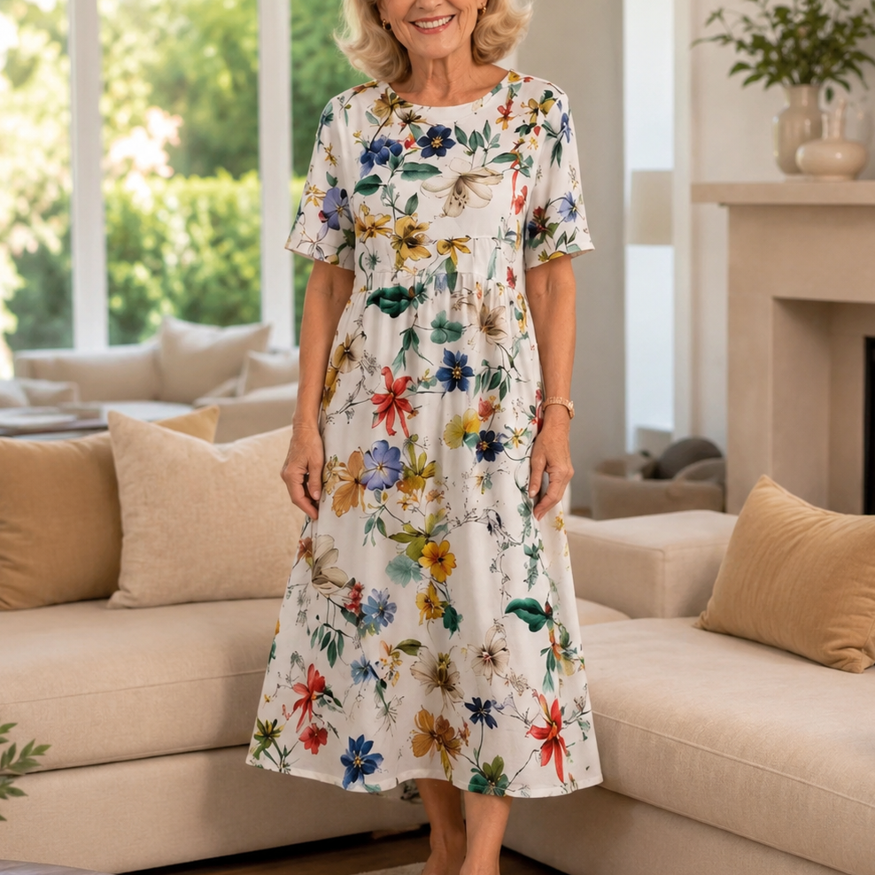 Floral Print Round-Neck Midi Dress