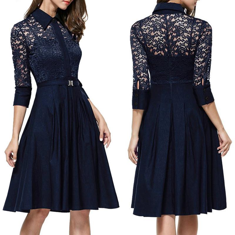 LACE LONG SLEEVES SOLID SPLICING PLEATED SHORT DRESS