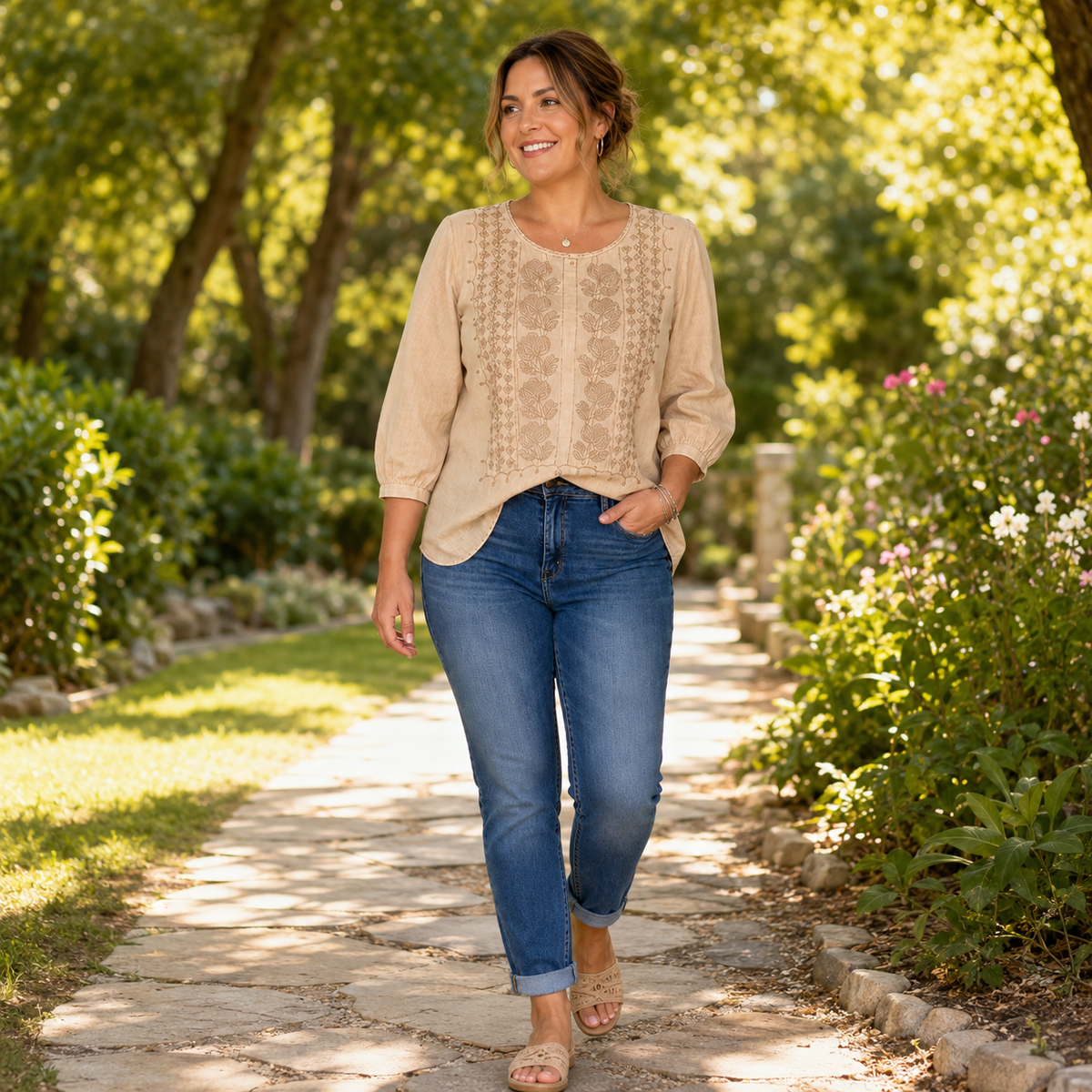 Embroidered-look Short-Sleeve Top