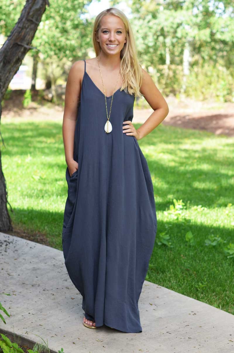 SPAGHETTI STRAP V-NECK PLEATED FLOOR-LENGTH LONG COTTON LOOSE DRESS