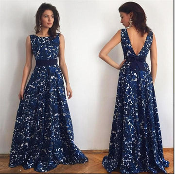 OPEN BACK FLORAL SLEEVELESS LONG PARTY DRESS