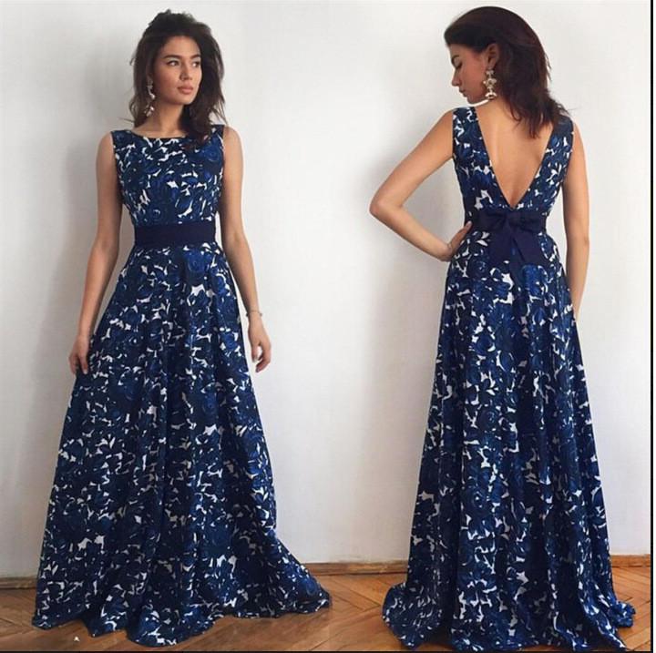OPEN BACK FLORAL SLEEVELESS LONG PARTY DRESS