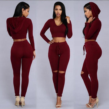 PURE COLOR HOLE HAT CROP TOP WITH SKINNY PANTS TWO PIECES SET