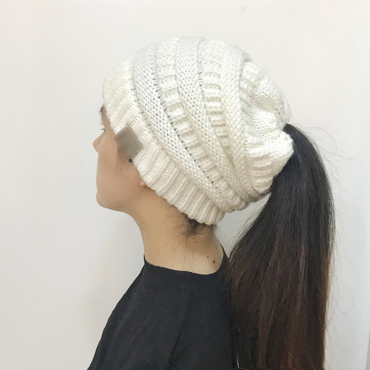 WOMEN'S WINTER OUTDOOR WARM WOOL HAT EMPTY TOP HORSETAIL KNITTED HAT