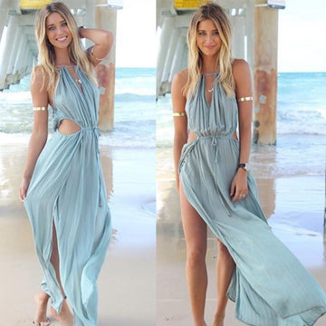 CHIFFON SLEEVELESS PURE COLOR IRREGULAR SPAGHETTI STRAP LONG DRESS