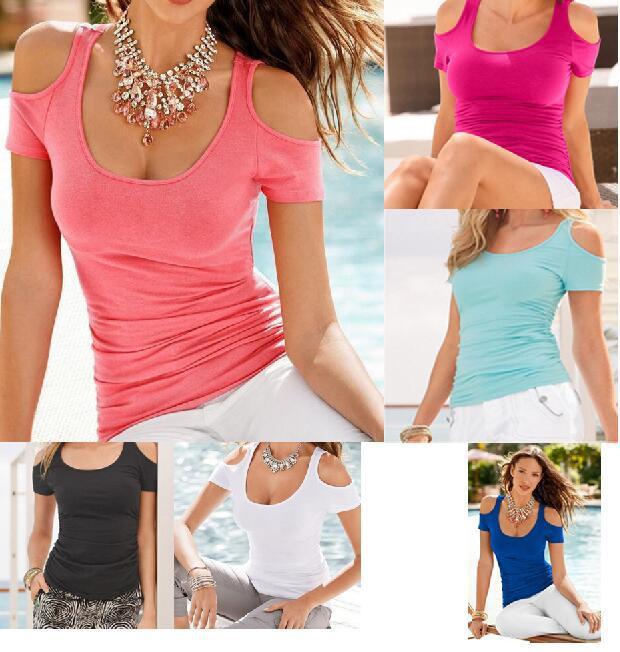 SCOOP FASHION SHOULDER OUT SHORT SLEEVES SLIM PURE COLOR BLOUSE