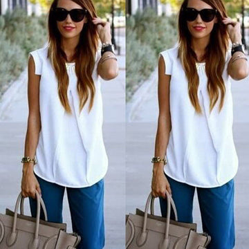 SCOOP FLYING SLEEVES RUFFLED SLIM PURE COLOR CHIFFON BLOUSE