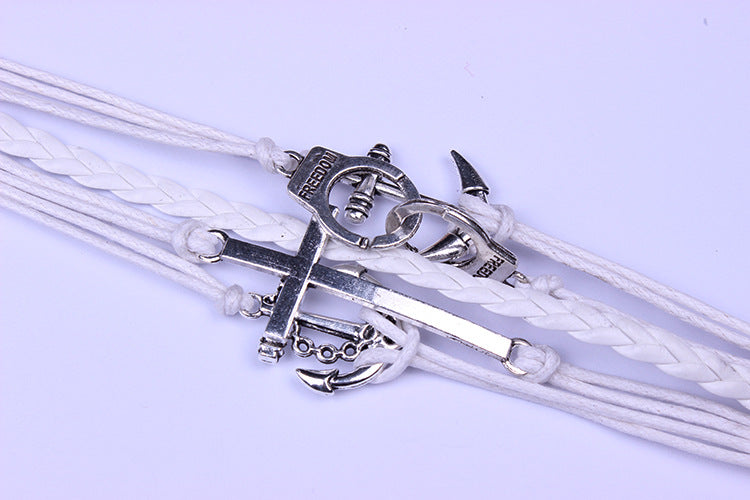 HANDCUFFS ANCHOR WHITE WAX STRING WOVEN BRACELET
