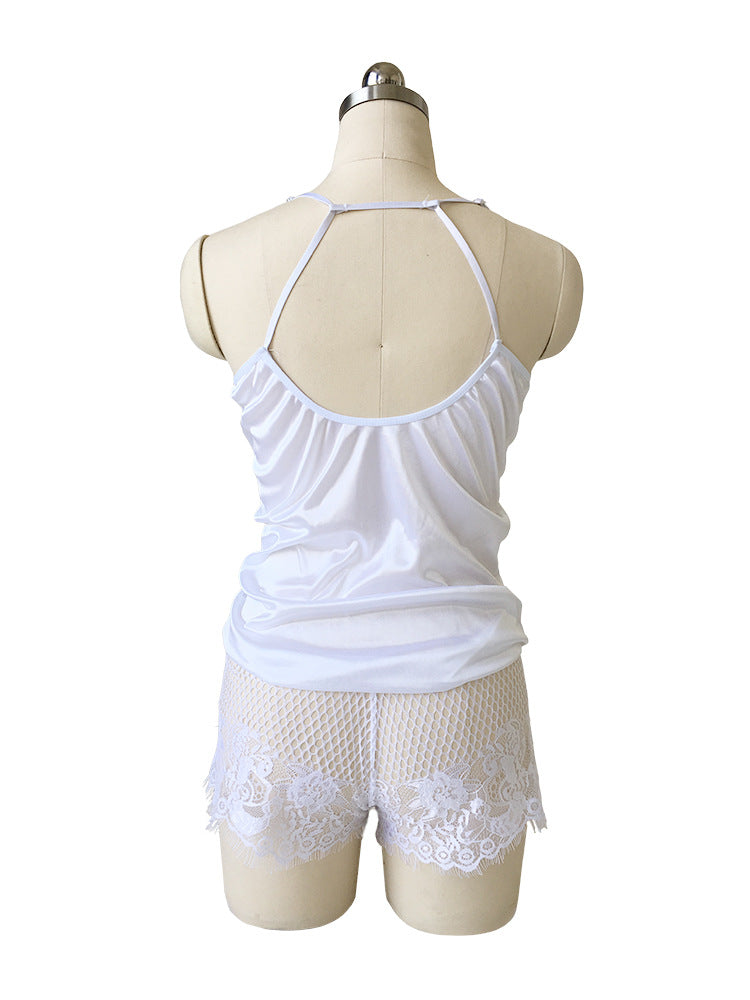 SPAGHETTI STRAPS DEEP V-NEDCK LACE PATCHWORK SHORT JUMPSUIT