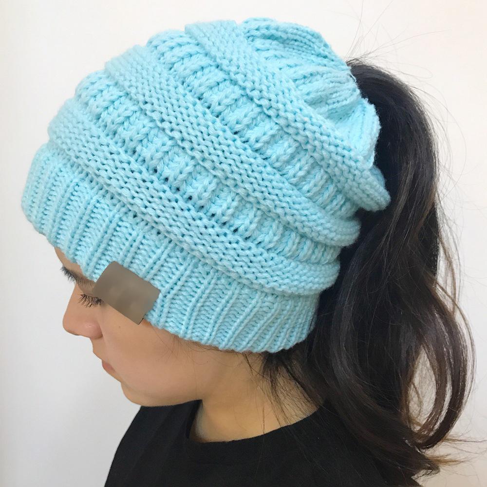 WOMEN'S WINTER OUTDOOR WARM WOOL HAT EMPTY TOP HORSETAIL KNITTED HAT