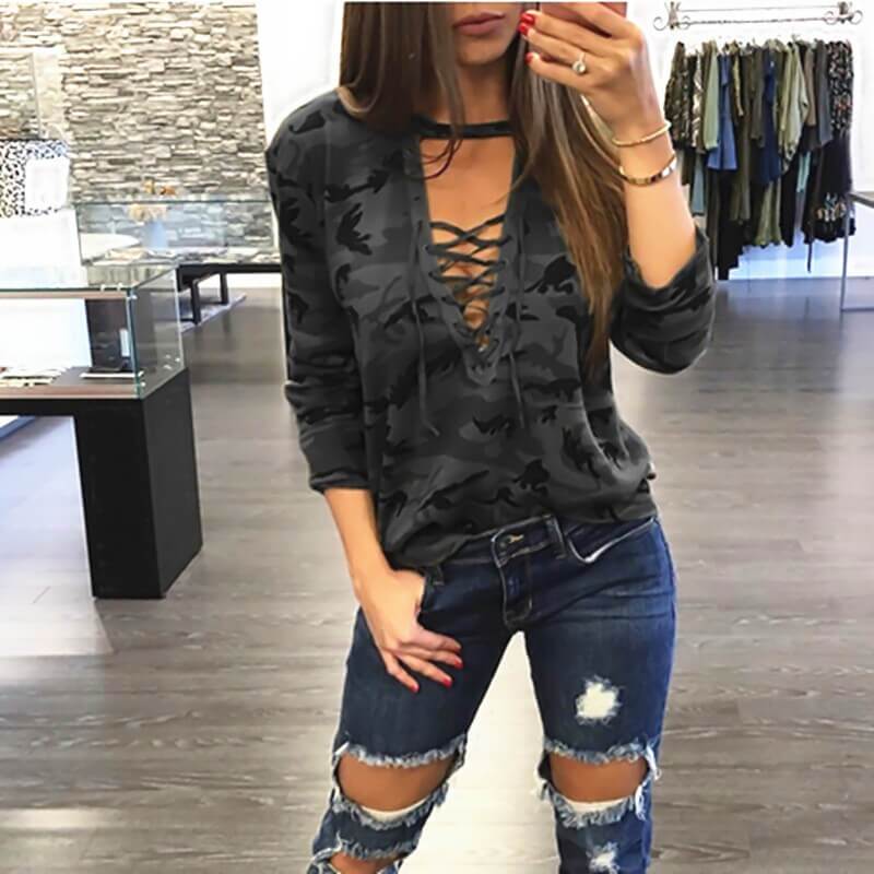 V-NECK CAMOUFLAGE PRINT LONG SLEEVES BLOUSE