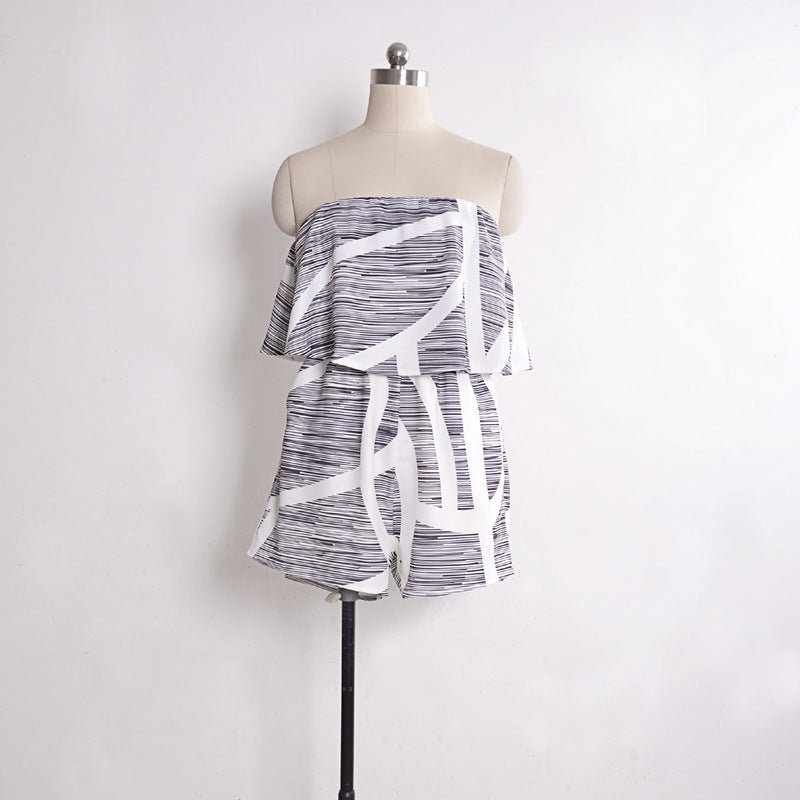 OFF SHOULDER STRAPLESS STRIPED SHORT JUMPSUIT