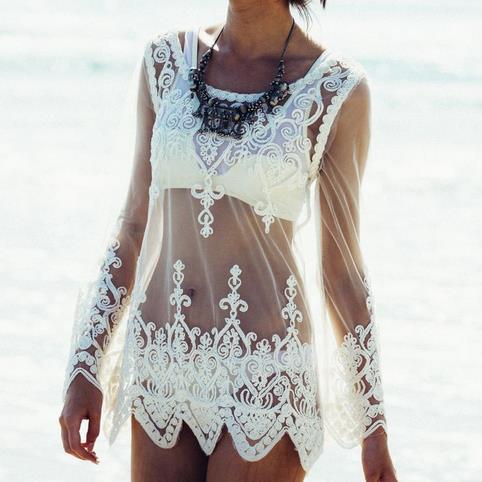 LACE TRANSPARENT LONG SLEEVES BEACH BIKINI COVER UP DRESS