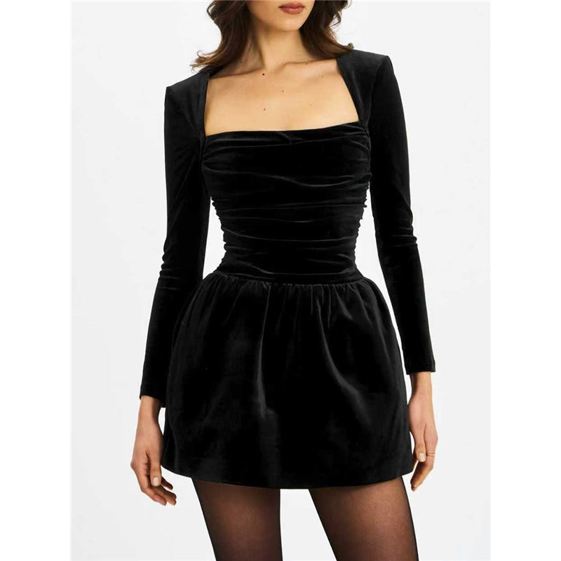 Women's Velvet Long Sleeve Square Neck Backless Dress For Christmas Party