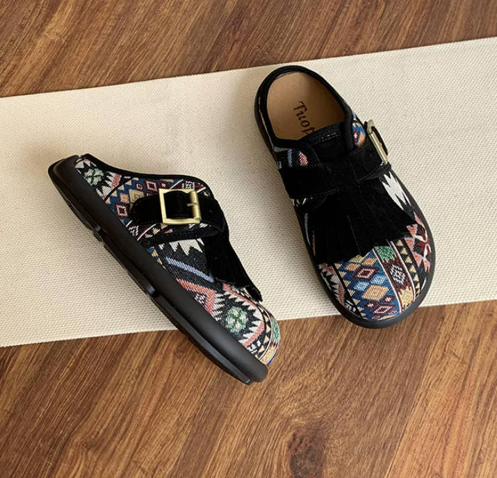 Vintage Ethnic Style Half-Back Lazy No-Heel Mule Sandals Slip-On