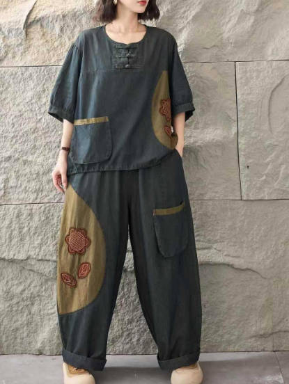 Vintage Cotton Patchwork Button Denim Short-Sleeve T-Shirt Loose Harem Pants Set