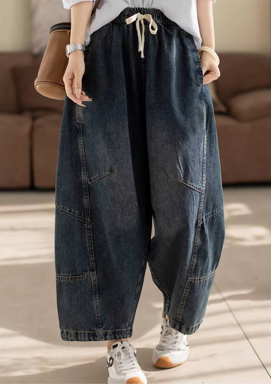 Denim Retro Washed Patchwork Versatile Elastic Waise Lace-Up Loose Jeans