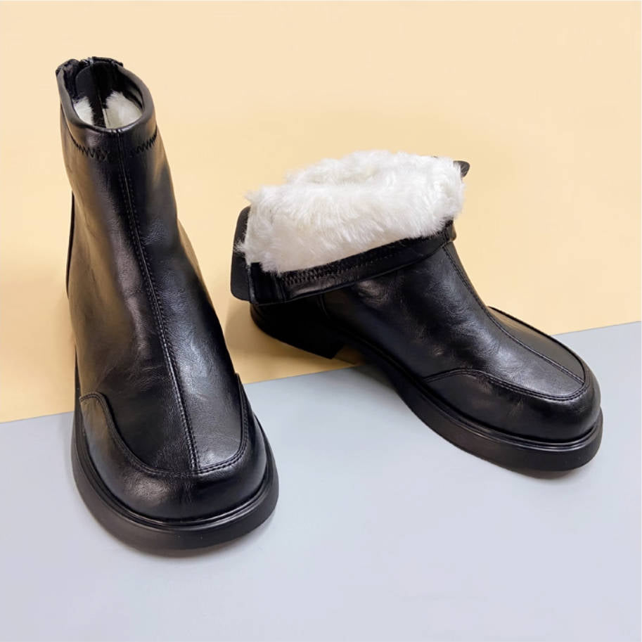 Winter Leather Simple Wide Toe Soft Sole Wool-in Warm Boots