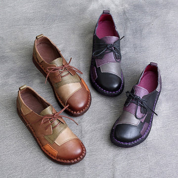 Genuine Leather Round Toe Patchwork Lace-Up Soft Flat Sole Shoes