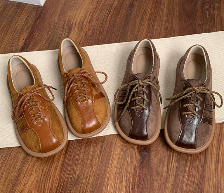 Vintage Leather Lace Up Square Toe Soft Sole Flats
