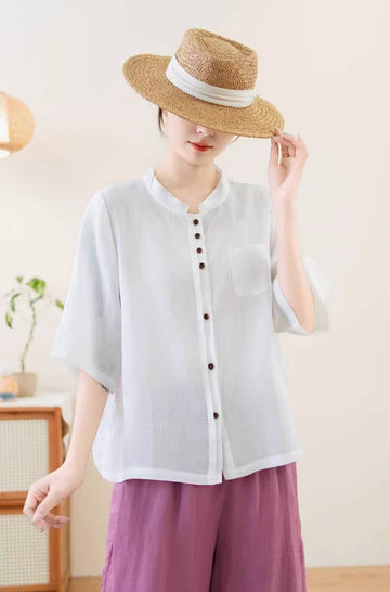 Spring Retro Ramie Comfortable Stand Neck Loose Thin Tops