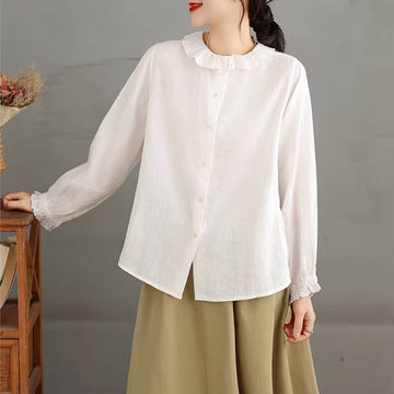 Spring Retro Cotton Linen Round Neck Ruffled Slim Comfortable Shirt