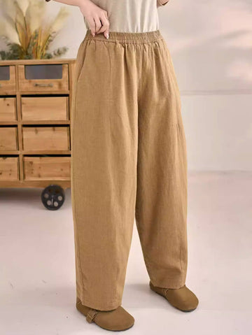 Winter Ramie Retro Solid Color Warm Elastic Waist Pants With Pockets