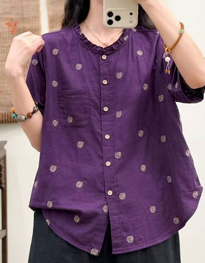 Women Vintage Embroidered Round Neck Loose Short Sleeve Shirt