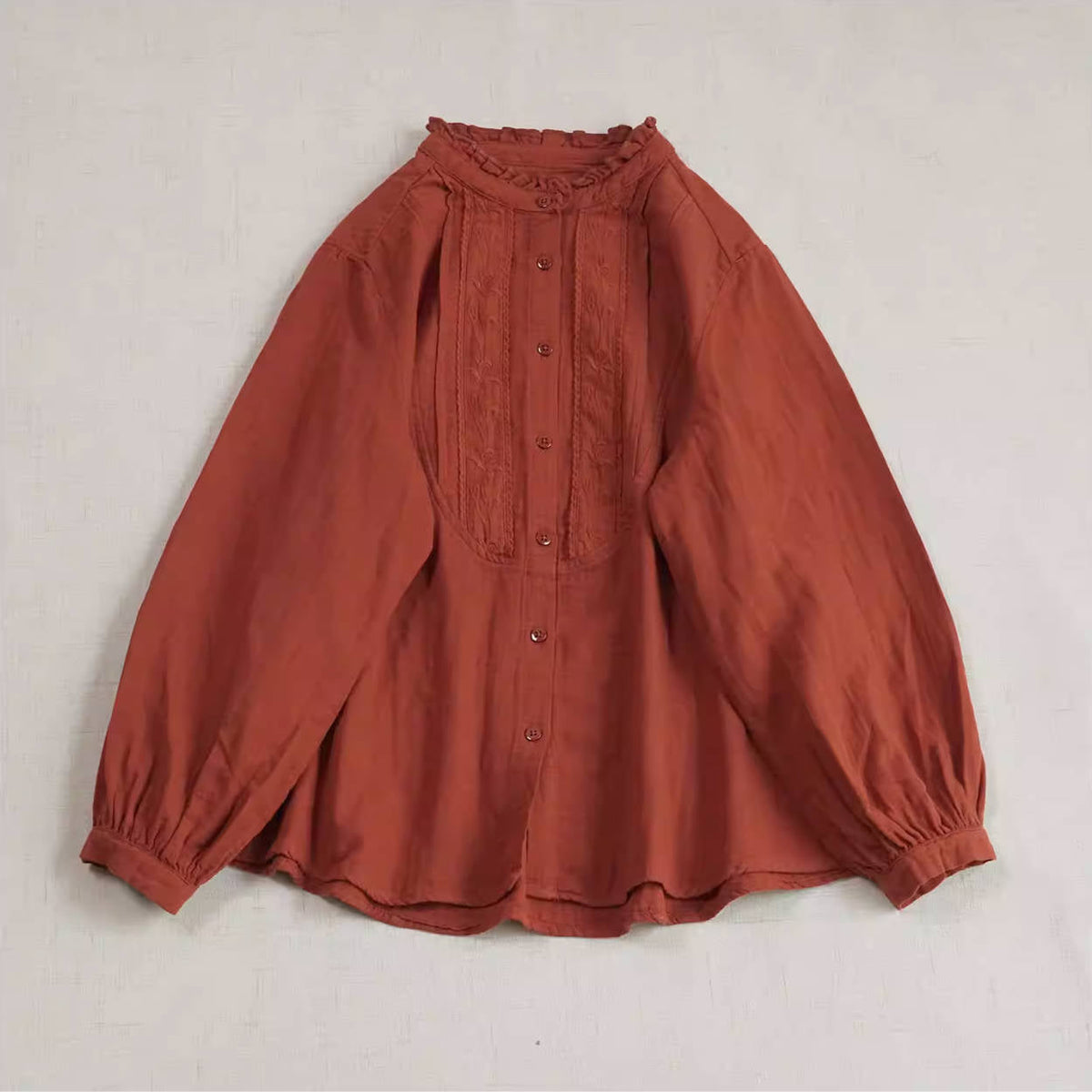 Retro Spring Ruffled Neck Accordion Pleats Solid Color Shirt