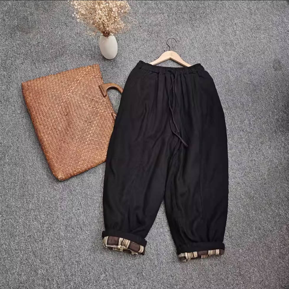 Winter Linen Solid Color Elastic Waist Loose Cotton-In Thick Pants