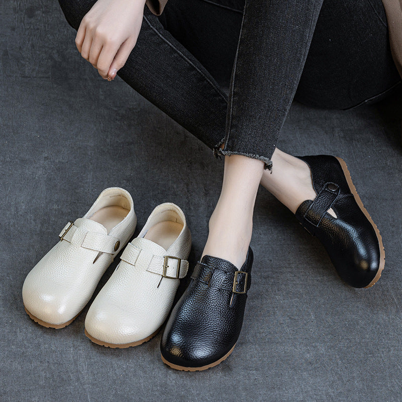 Soft Leather Round Toe Retro Everyday Comfy Flat Sole Slip-Ons