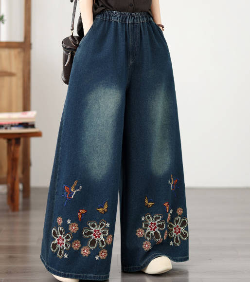 Autumn Vintage Embroidered Soft Denim Elastic Waist Wide Leg Pants