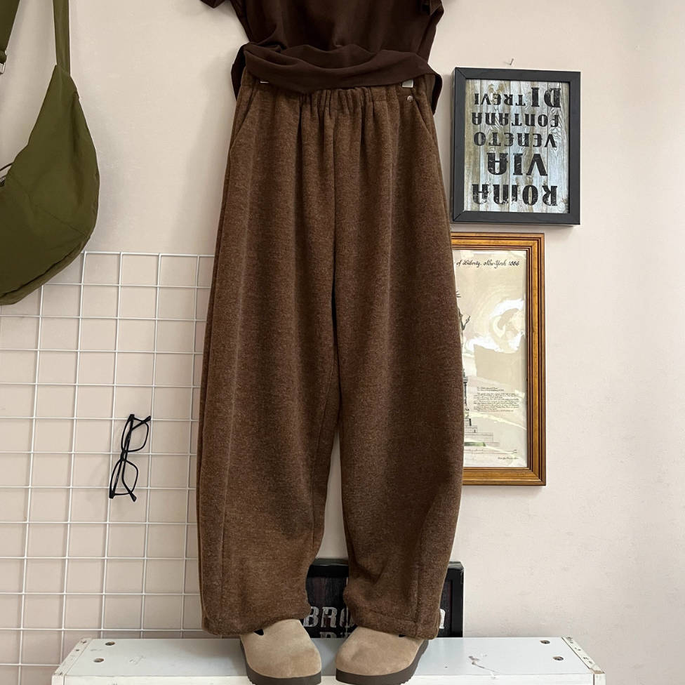 Retro Simple Wool Cotton Warm Elastic Waist Casual Pants