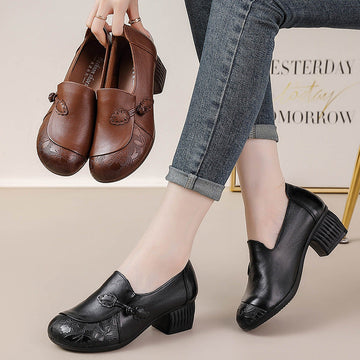 Retro Leather Round Toe Floral Printed Shallow Low Heel Shoes