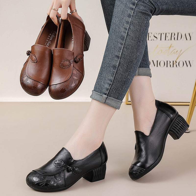 Retro Leather Round Toe Floral Printed Shallow Low Heel Shoes